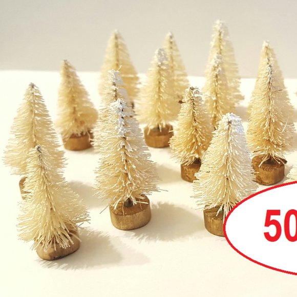 50 Ivory White Mini Sisal Bottle Brush Xmas Snow Flocked Christmas Trees Crafts - Picture 2 of 2